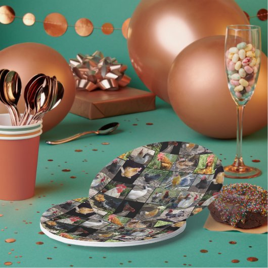 鶏とローターの写真コラージュ ペーパープレート (複数)