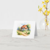 鶏と古いファームハウス、カントリーライフ空白の カード (黄色い花)