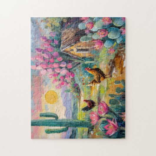 鶏と砂漠の多肉栽培の農場の風景 ジグソーパズル (縦)