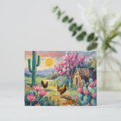 鶏と砂漠の多肉栽培の農場の風景 ポストカード (スタンド正面)