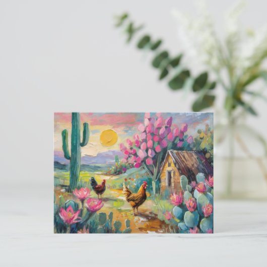 鶏と砂漠の多肉栽培の農場の風景 ポストカード (スタンド正面)