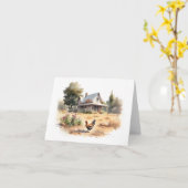 鶏と花が咲く古い農家 カード (黄色い花)