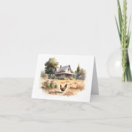 鶏と花が咲く古い農家 カード