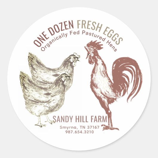 鶏と鶏と農場名付きエッグカートンラベル ラウンドシール (正面)