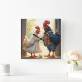 鶏と鶏のユーモア スクエア壁時計 (ホーム)