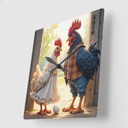 鶏と鶏のユーモア スクエア壁時計 (傾斜)