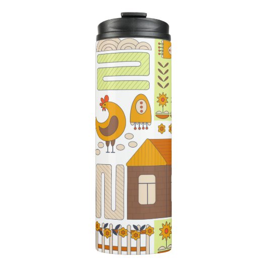 鶏と鶏二羽、卵、花、家、引き出し タンブラー (正面)