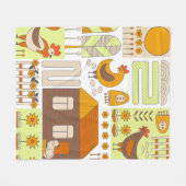 鶏と鶏二羽、卵、花、家、引き出し フリースブランケット (正面(横))