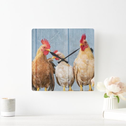 鶏と鶏 スクエア壁時計 (ホーム)