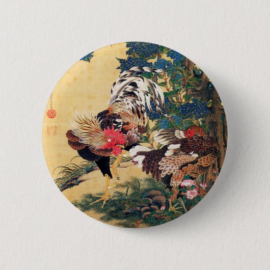 鶏と鶏、紫陽花を持つ鶏、伊藤若冲筆 缶バッジ (正面)