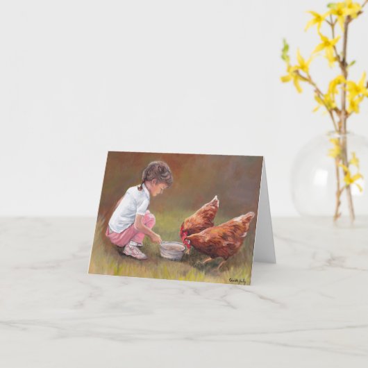 鶏の夕食の動物の芸術のメッセージカード カード (黄色い花)