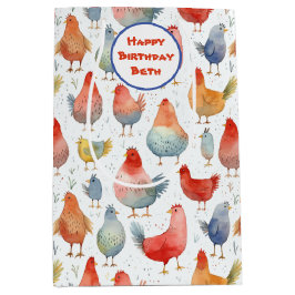 鶏の水彩の追加の名前誕生日 ミディアムペーパーバッグ