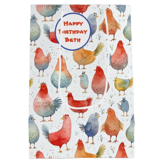 鶏の水彩の追加の名前誕生日 ミディアムペーパーバッグ (裏面)