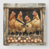 鶏の茶色の卵の干し鶏のコック スクエア壁時計 (正面)