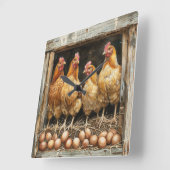 鶏の茶色の卵の干し鶏のコック スクエア壁時計 (傾斜)