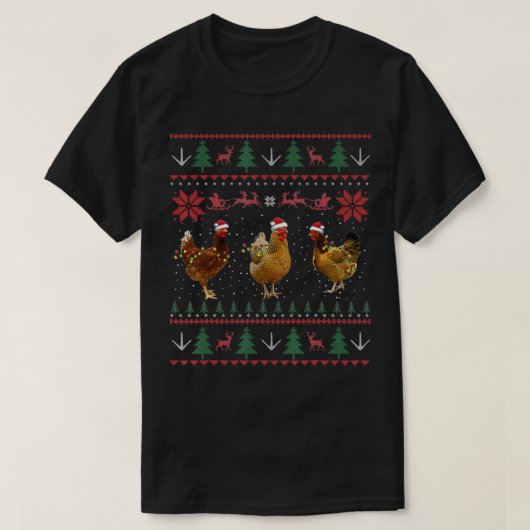 鶏の醜いクリスマスセーターおもしろいチキンクリスマス Tシャツ (デザイン正面)