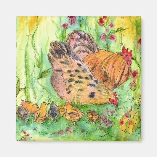 鶏の鶏の鶏の鶏ひよこ水の色の草原 マグネット (正面)