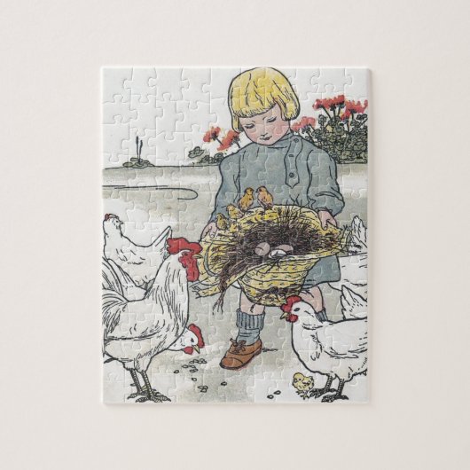 鶏を持つヴィンテージの女の子、Eは卵です ジグソーパズル (縦)