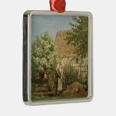 鶏を食べ物を与えること メタルオーナメント (右)