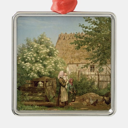 鶏を食べ物を与えること メタルオーナメント (正面)