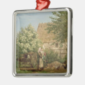 鶏を食べ物を与えること メタルオーナメント (左)