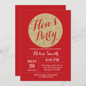 鶏パーティーレッド及び金ゴールドグリッター招待状カード 招待状 (正面/裏面)