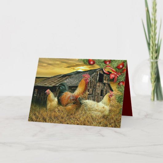 鶏小屋でのクリスマス ニワトリの雌鳥 オスの鶏 シーズンカード (正面)