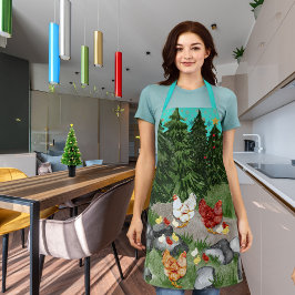 鶏、ひよこ、雪片のターコイズブルー エプロン