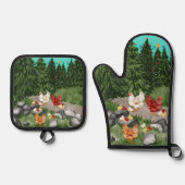 鶏、ひよこ、雪片のターコイズブルー 鍋つかみ&鍋敷きセット (正面)