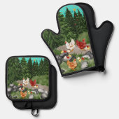 鶏、ひよこ、雪片のターコイズブルー 鍋つかみ&鍋敷きセット (正面/裏面)