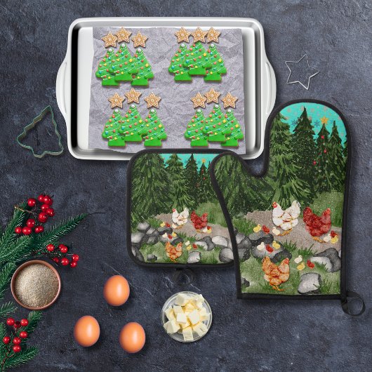 鶏、ひよこ、雪片のターコイズブルー 鍋つかみ&鍋敷きセット