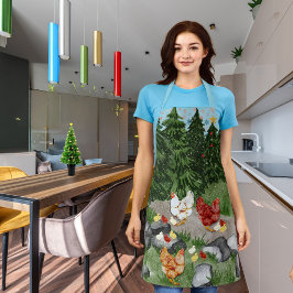 鶏、雛、雪片がライトブルー エプロン