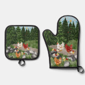 鶏、雛、雪片がライトブルー 鍋つかみ&鍋敷きセット (正面)