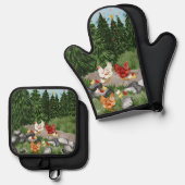 鶏、雛、雪片がライトブルー 鍋つかみ&鍋敷きセット (正面/裏面)