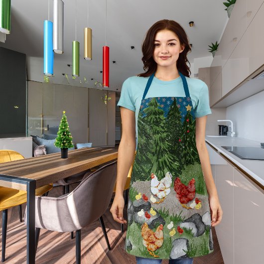 鶏、雛、雪片が青い エプロン