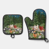 鶏、雛、雪片が青い 鍋つかみ&鍋敷きセット (正面)