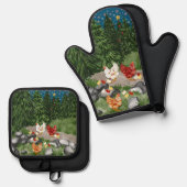 鶏、雛、雪片が青い 鍋つかみ&鍋敷きセット (正面/裏面)