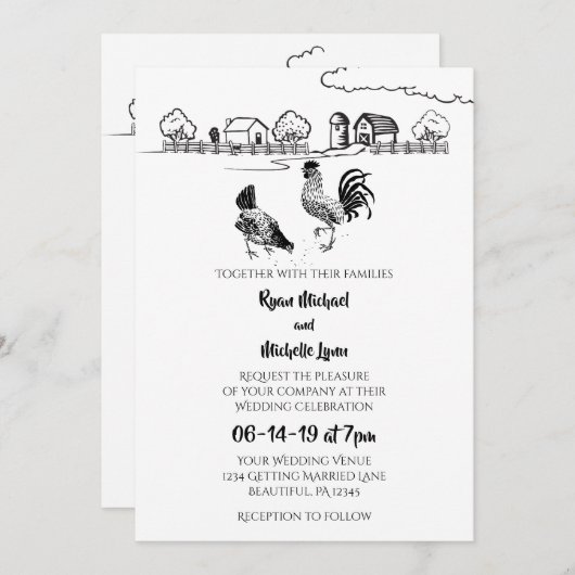 鶏、鶏 | ブラックホワイトファーム結婚ズ 招待状 (正面/裏面)
