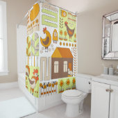 鶏、鶏、幾何学的フローラスケッチ。 シャワーカーテン (インサイチュ)