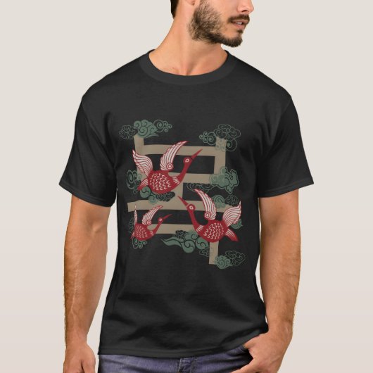 鶴と一緒に幸運のお友達 Tシャツ (正面)