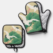 鶴と松の図案 鍋つかみ&鍋敷きセット (正面/裏面)