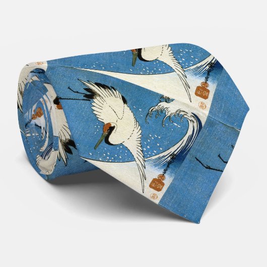 鶴と波，クレーン&ウェーブ，広重，浮世絵 ネクタイ (ロール)