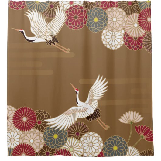 鶴と菊日本のが伝統的舞う シャワーカーテン (正面)