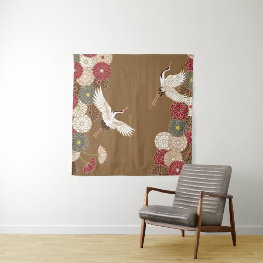 鶴と菊日本のが伝統的舞う タペストリー (インサイチュ(横))