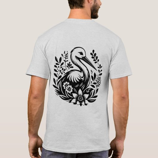 鶴の花Tシャツ | 上品な鳥のグラフィックTシャツ Tシャツ (裏面)