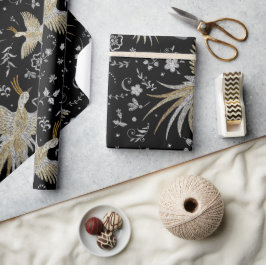 鶴の鳥花の模様 ラッピングペーパー