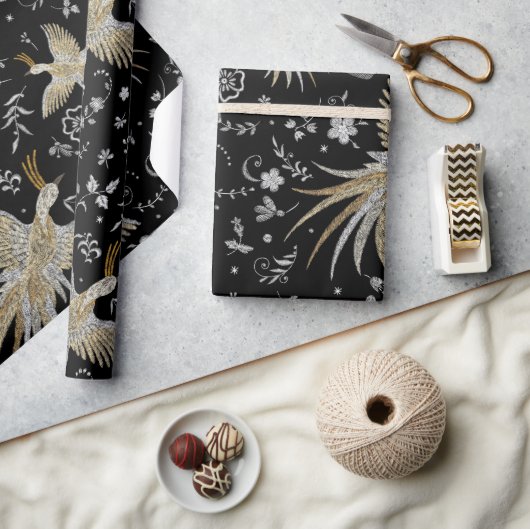 鶴の鳥花の模様 ラッピングペーパー (クラフト)