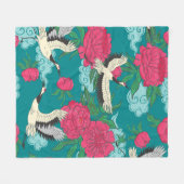 鶴や牡丹などの継ぎ目のない模様。ヴィンテージ  フリースブランケット (正面(横))