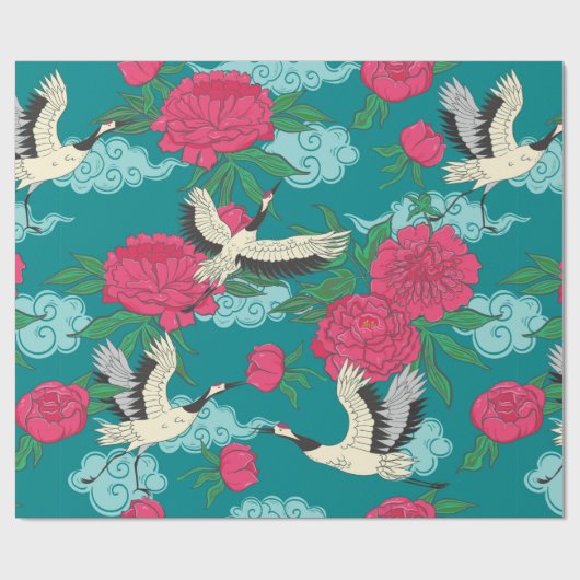 鶴や牡丹などの継ぎ目のない模様。ヴィンテージ  ラッピングペーパー (フラット)