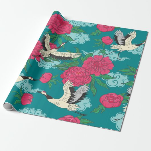 鶴や牡丹などの継ぎ目のない模様。ヴィンテージ  ラッピングペーパー (アンロールド)